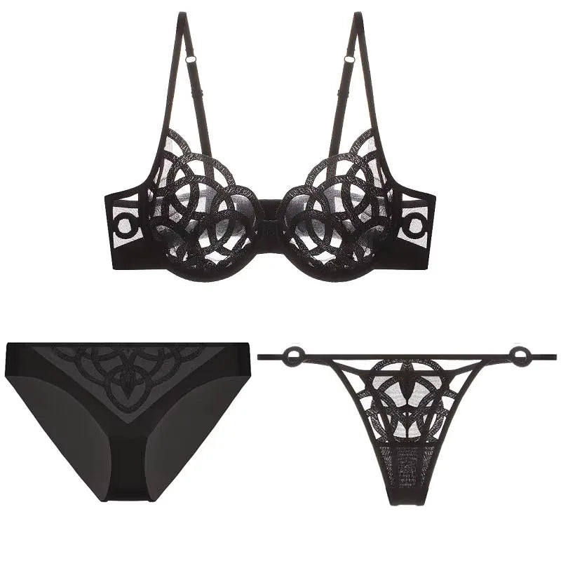 Conjunto Lingerie Transparente de Renda Geométrica