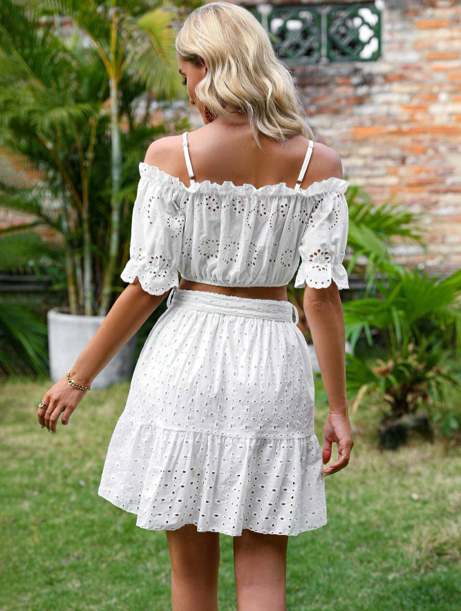 Conjunto  Saia Curta e Cropped Lese ciganinha branco verão