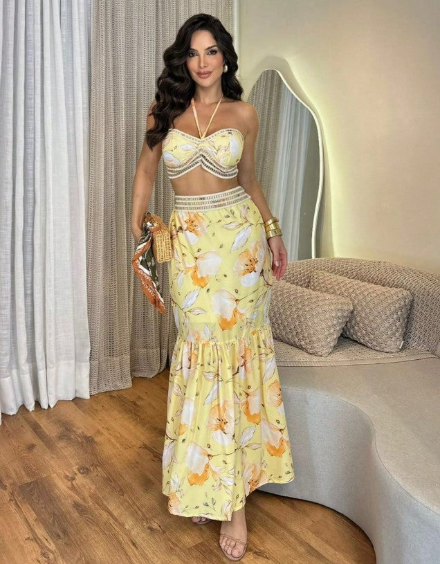 Conjunto Saia Longa c/ Cropped Floral Tomara que Caia amarelo estampado verão 