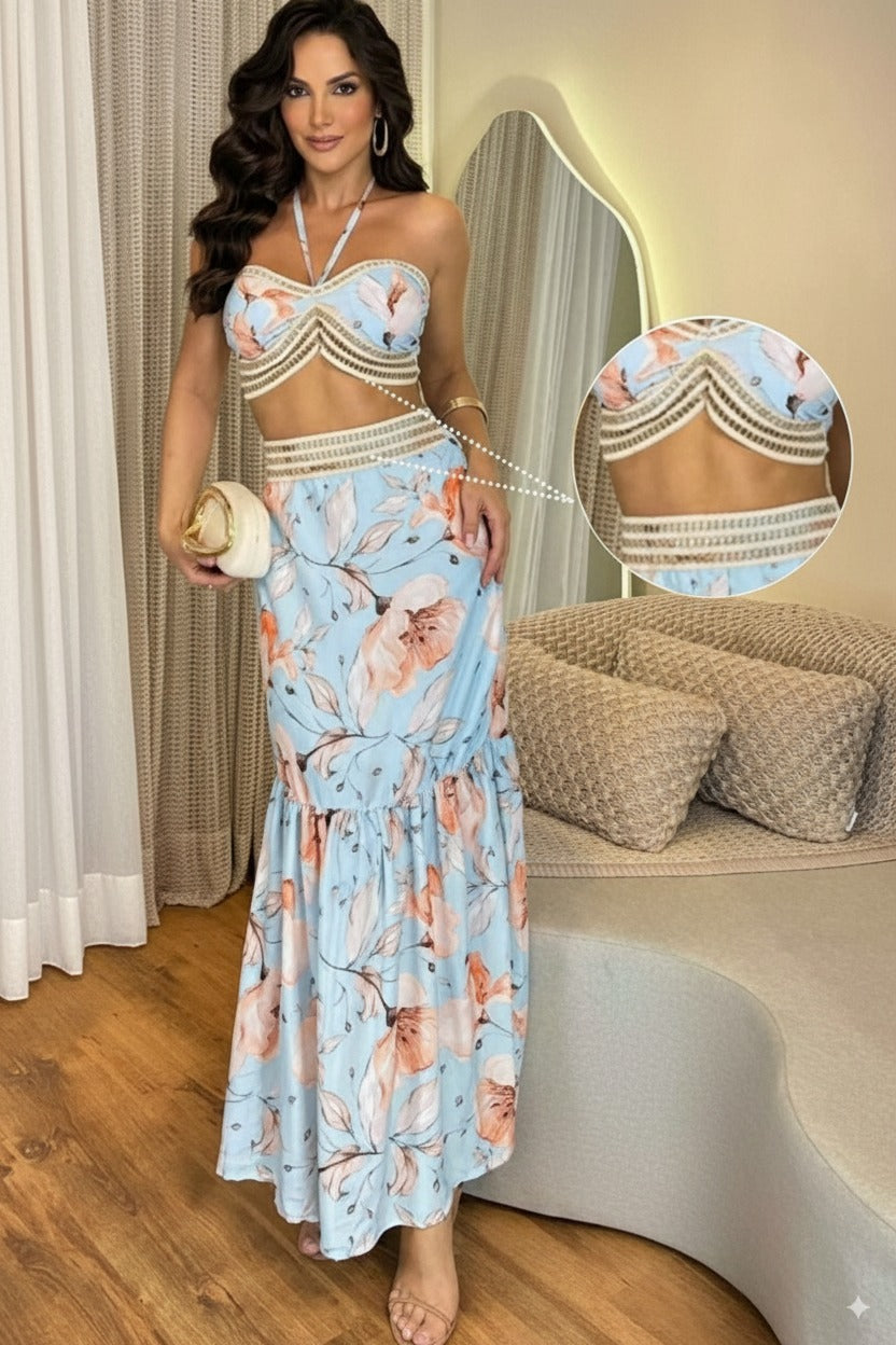 Conjunto Saia Longa c/ Cropped Floral Tomara que Caia azul claro estampado verão 