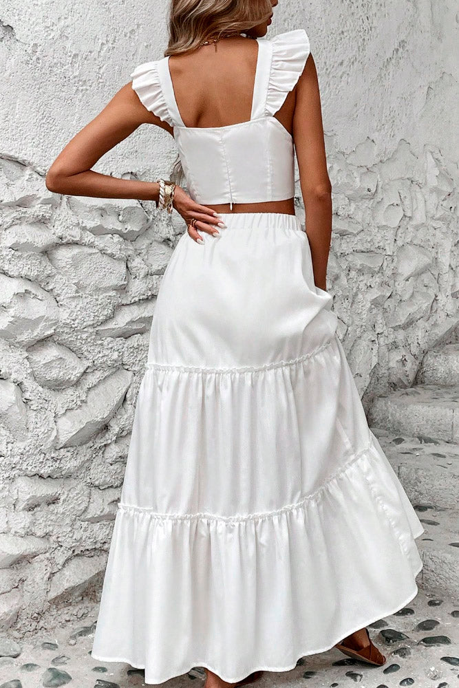 Conjunto Saia Longa e Cropped Verão Babados fenda branco