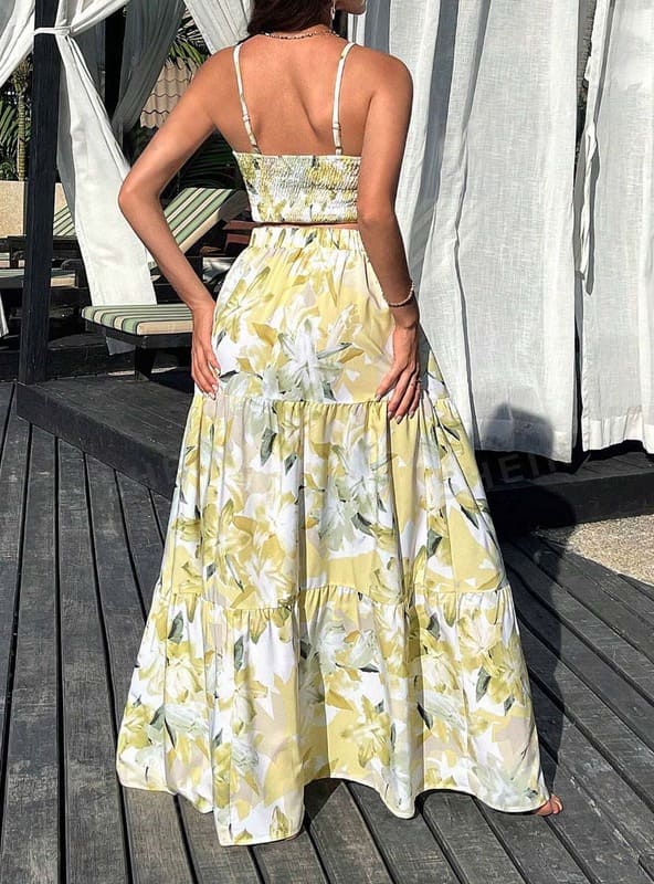 Conjunto Saia Longa e Cropped Estampado Verão amarelo