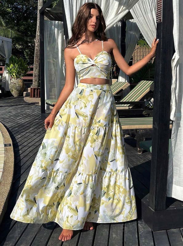 Conjunto Saia Longa e Cropped Estampado Verão amarelo
