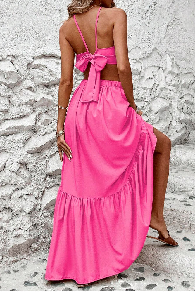 Conjunto Saia Longa e Cropped Verão Babados fenda rosa barbiecore amarração nas costas 