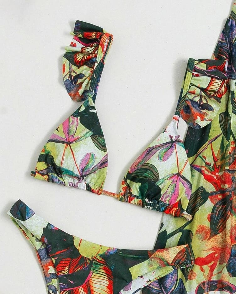 Conjunto Praiano Saia + Biquíni Estampado Babados