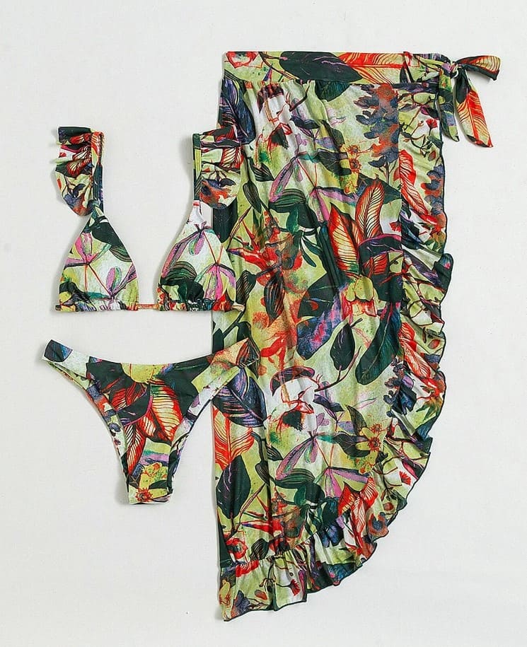 Conjunto Praiano Saia + Biquíni Estampados Babados saída de praia tropical