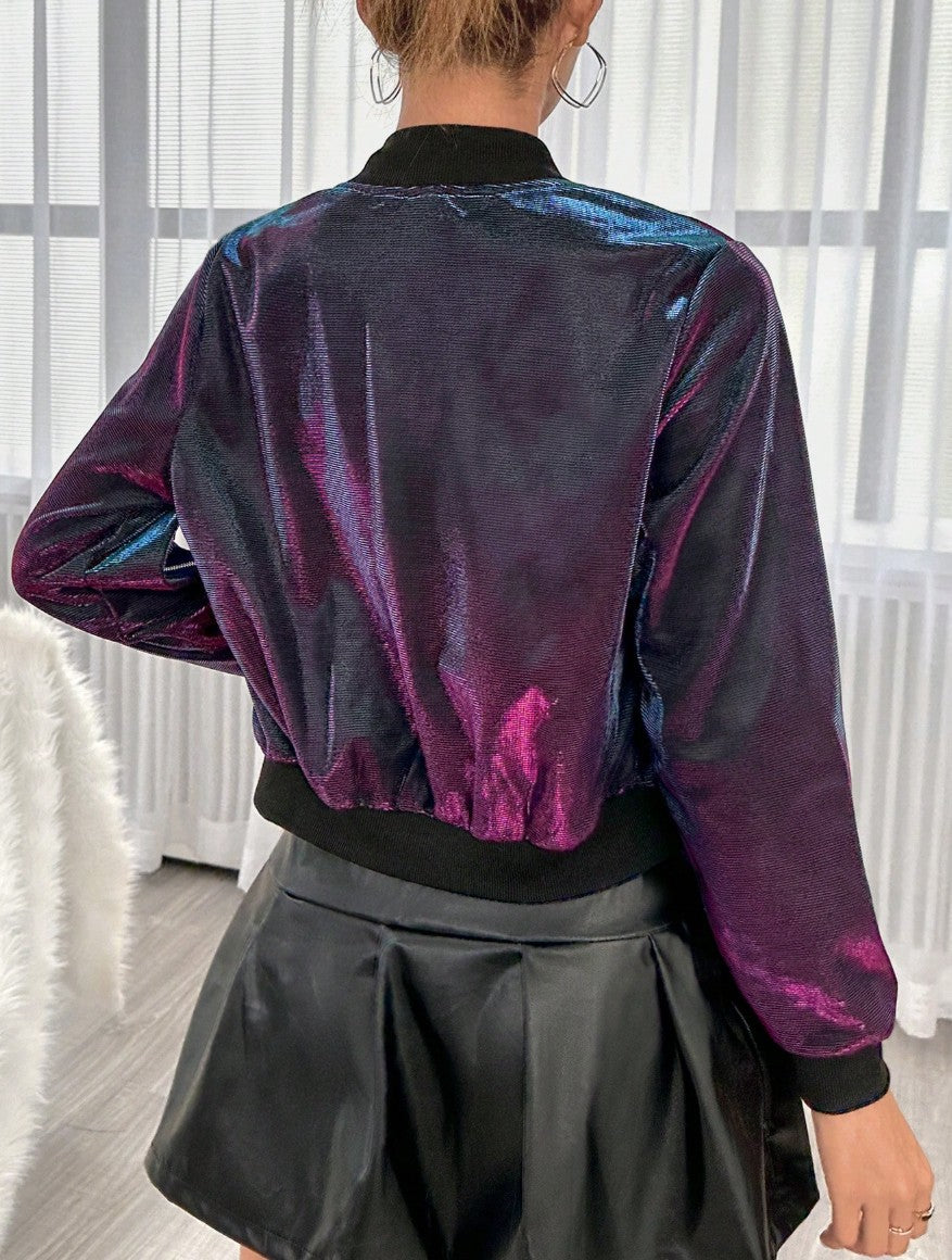 Jaqueta Bomber Cropped Holográfica Metalizada