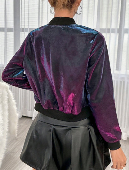 Jaqueta Bomber Cropped Holográfica Metalizada