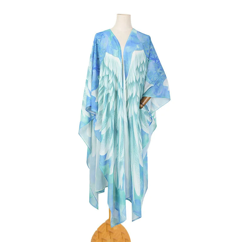 Kimono Boho Longo estampa Asas de Anjo | Saída de Praia azul