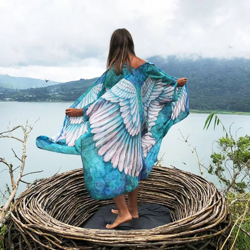 Kimono Boho Longo estampa Asas de Anjo | Saída de Praia azul