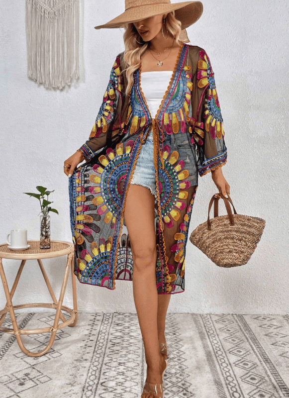 Kimono Bordado de Renda Boho Chic mandala Paisley colorido étnico 