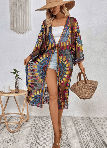 Kimono Bordado de Renda Boho Chic mandala Paisley colorido étnico 