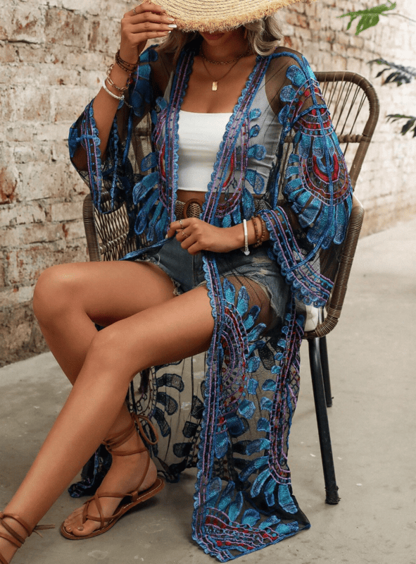 Kimono Bordado de Renda Boho Chic mandala Paisley colorido étnico meia-estação