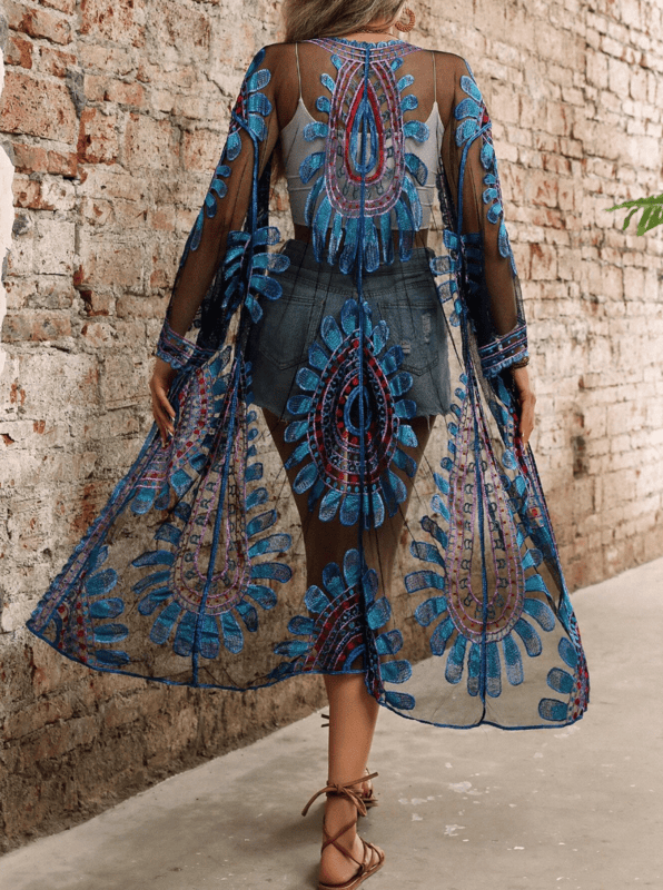 Kimono Bordado de Renda Boho Chic mandala Paisley colorido étnico meia-estação azul