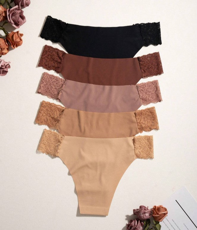 Kit 5 Calcinhas tangas Sem Costura com Renda barato nude bege preto marrom