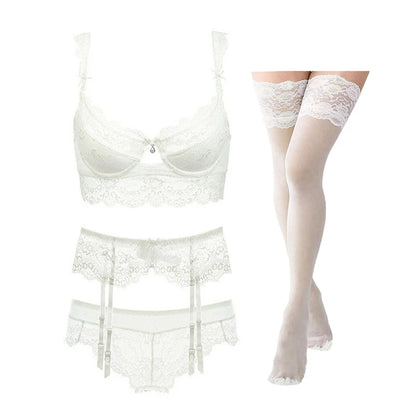 Conjunto Lingerie de Renda com Cinta-Liga + Meia 7/8