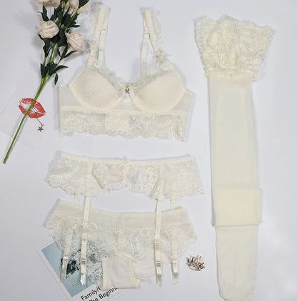 Conjunto Lingerie de Renda com Cinta-Liga + Meia 7/8