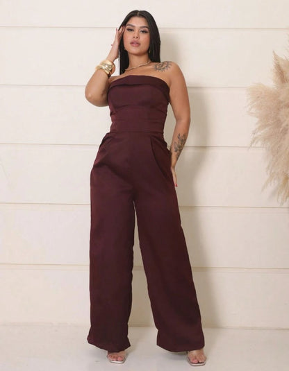 Macacão feminino verão Social Tomara Que Caia alfaiataria festa office marrom elegante