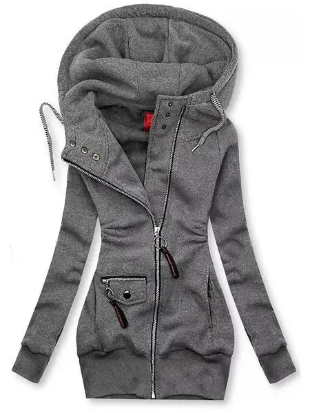 Casaco Moletom feminino com Zíper e Capuz preto bolsos enfeites hoodie