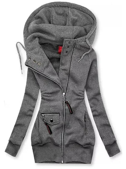Casaco Moletom feminino com Zíper e Capuz preto bolsos enfeites hoodie