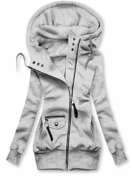 Casaco Moletom feminino com Zíper e Capuz preto bolsos enfeites hoodie branco