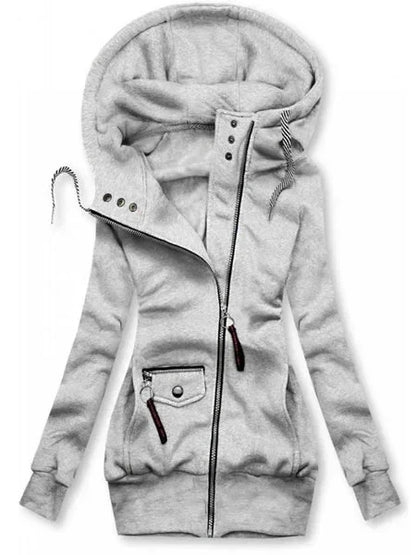 Casaco Moletom feminino com Zíper e Capuz preto bolsos enfeites hoodie branco