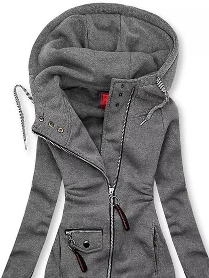 Casaco Moletom feminino com Zíper e Capuz preto bolsos enfeites hoodie