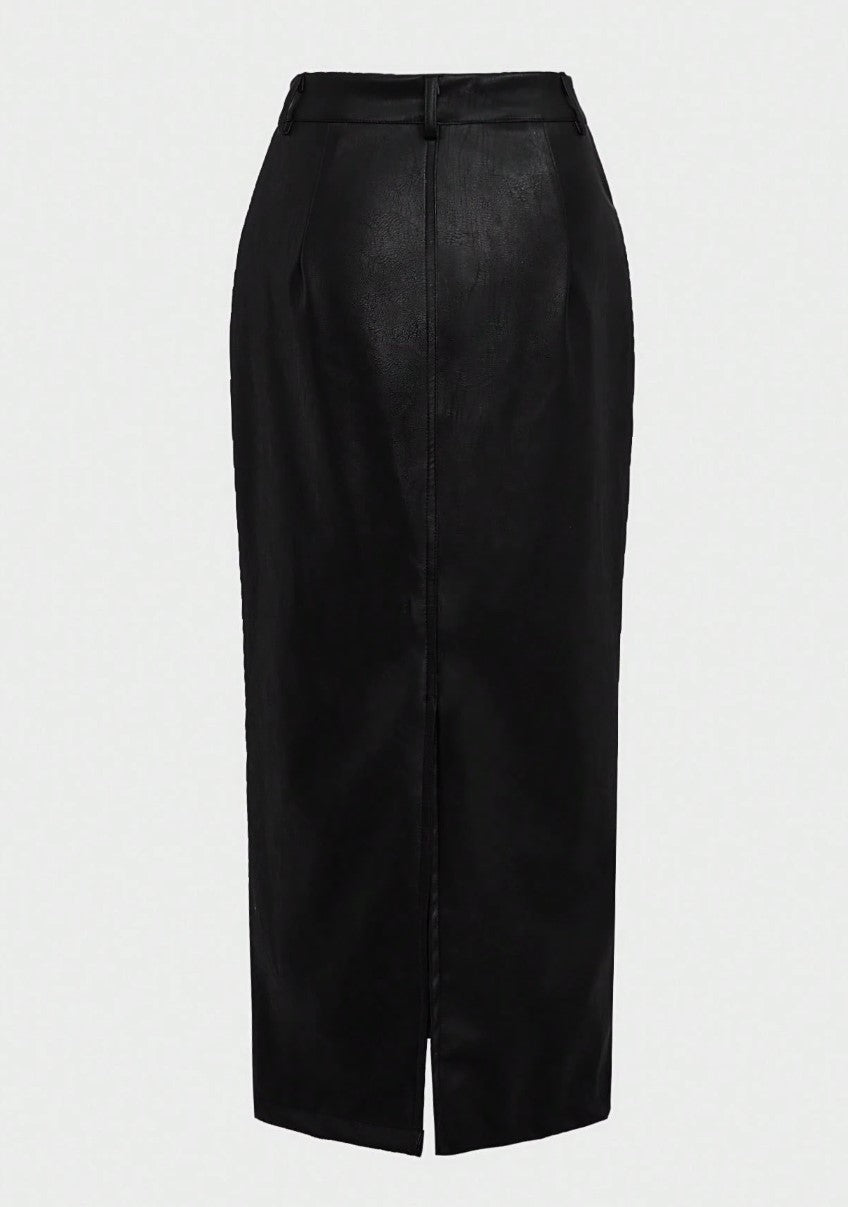 Saia Tubinho de Couro Midi elegante escritório advogada justa preta