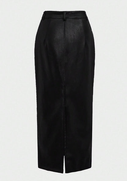 Saia Tubinho de Couro Midi elegante escritório advogada justa preta