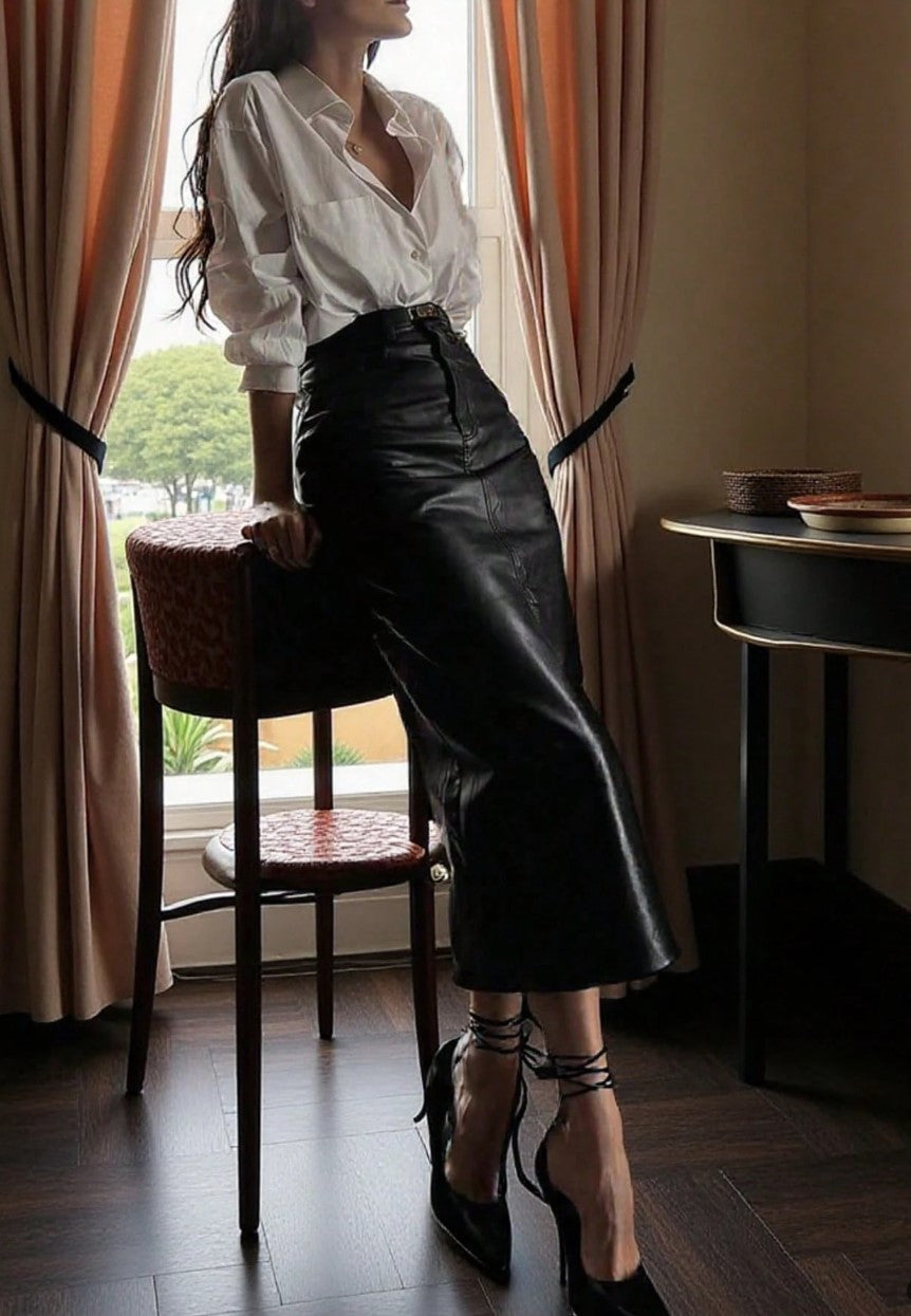 Saia Tubinho de Couro Midi elegante escritório advogada justa preta