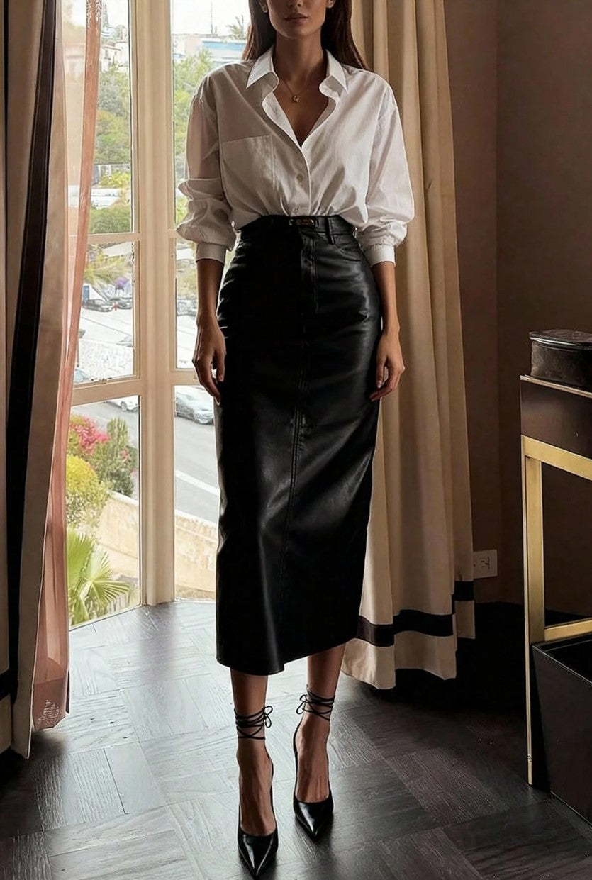 Saia Tubinho de Couro Midi elegante escritório advogada justa preta