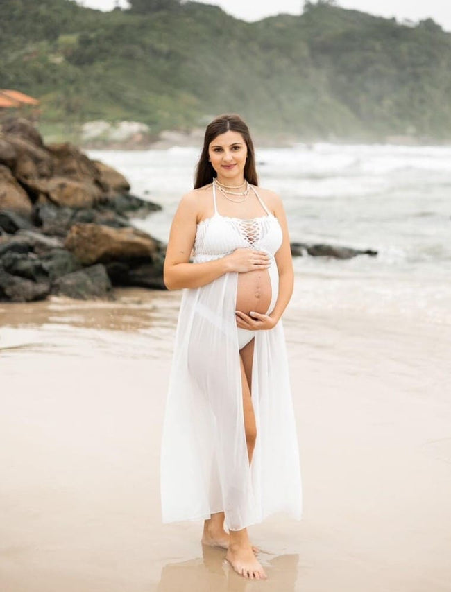 Saída de Praia Longa  transparente Crochê branca ensaio grávidas gestantes