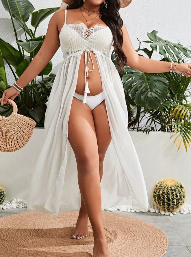 Saída de Praia Longa Crochê branca Tomara que Caia plus size ensaio gestantes