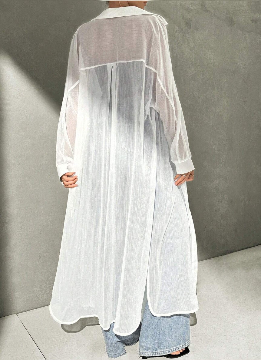 Kimono Longo Transparente Saída de Praia Manga boho chic sobreposição branco soltinho 