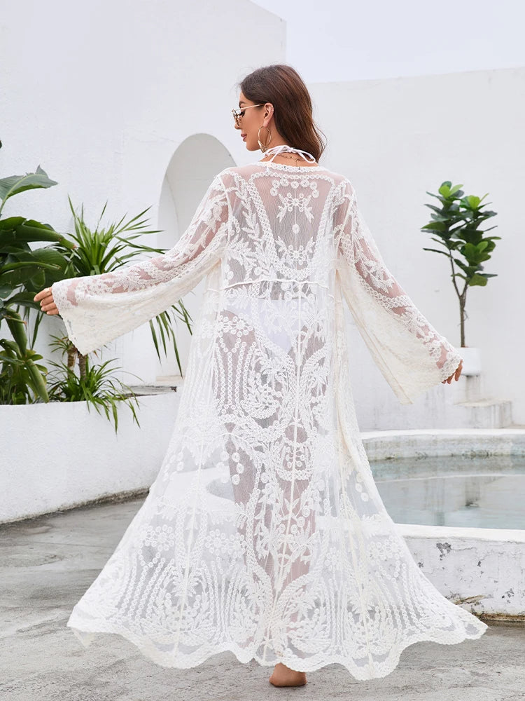 Saída de Praia Longa de Renda branca manga longa transparências elegante