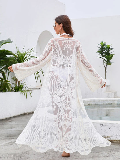 Saída de Praia Longa de Renda branca manga longa transparências elegante