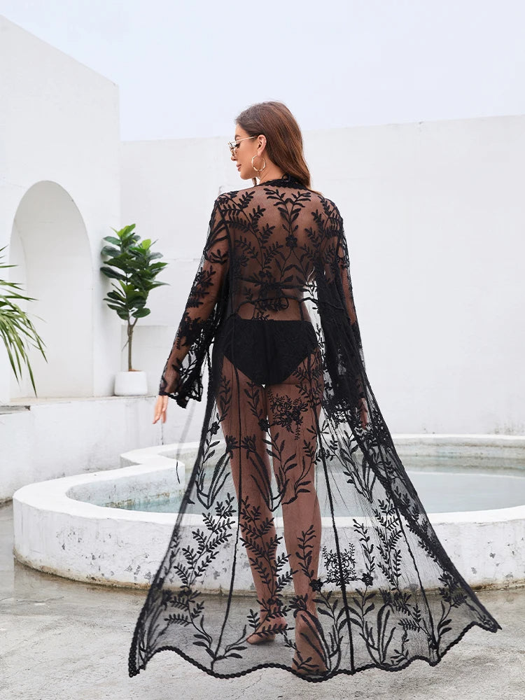 Saída de Praia Longa de Renda  preta manga longa transparências elegante