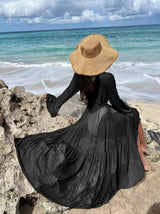 Saída de Praia Longa Tule de Manga Flare elegante chic preta transparente