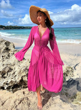 Saída de Praia Longa Tule de Manga Flare elegante chic rosa barbie cor transparente