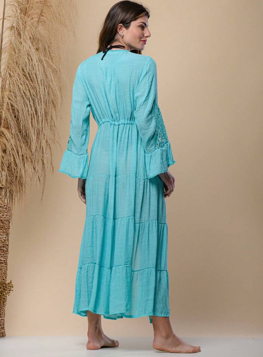 Saída de Praia Branca Longa Manga c/ Renda azul tiffany turquesa