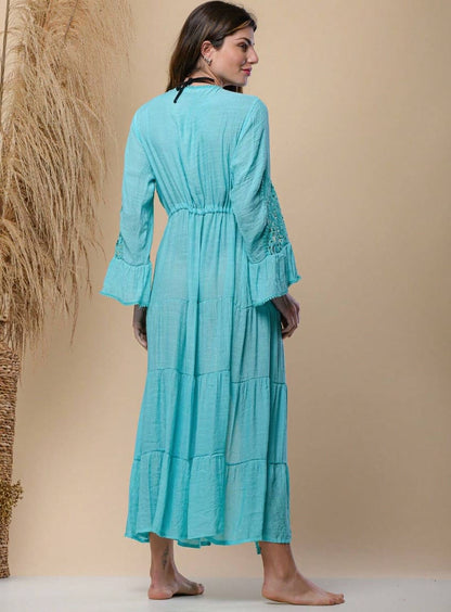 Saída de Praia Branca Longa Manga c/ Renda azul tiffany turquesa