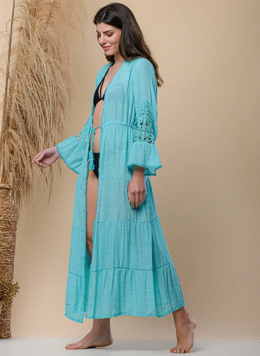 Saída de Praia Branca Longa Manga c/ Renda azul tiffany turquesa