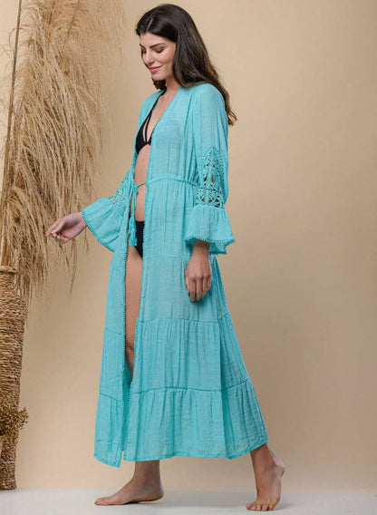 Saída de Praia Branca Longa Manga c/ Renda azul tiffany turquesa