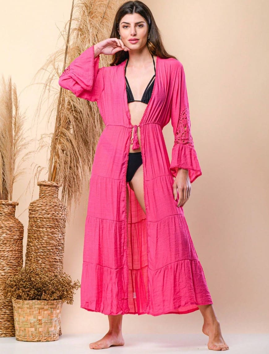 Saída de Praia Branca Longa Manga c/ Renda rosa pink barbiecore