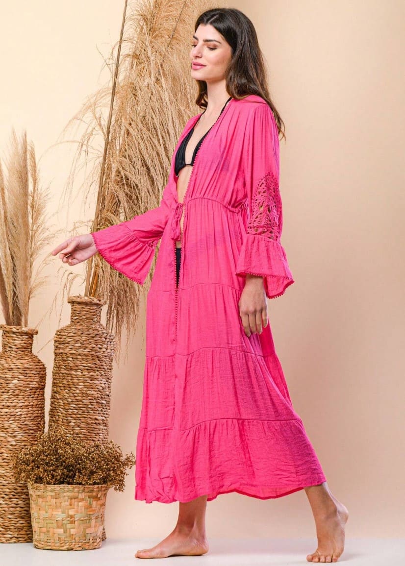 Saída de Praia Branca Longa Manga c/ Renda rosa pink barbiecore