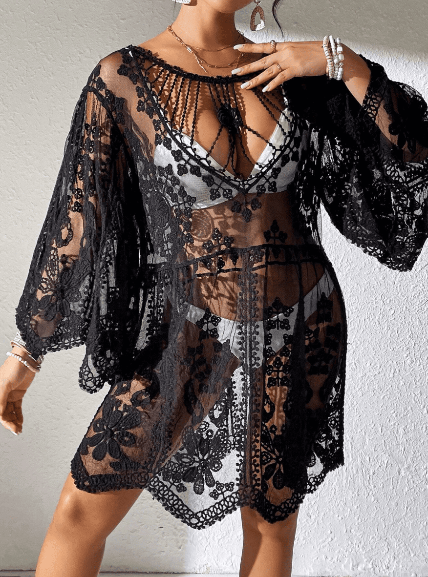 Saída de Praia de Renda Transparente Curta Manga preta elegante 