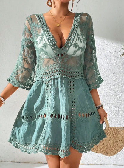 Saída de Praia Curta Manga Vestido de Renda verde petroleo boho festival decote v 
