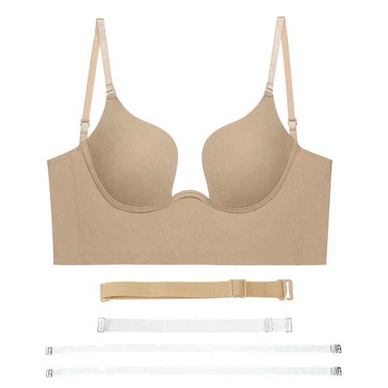 Sutiã Costas Decotadas Decote profundo Push Up levanta seios bege nude com alças de silicone