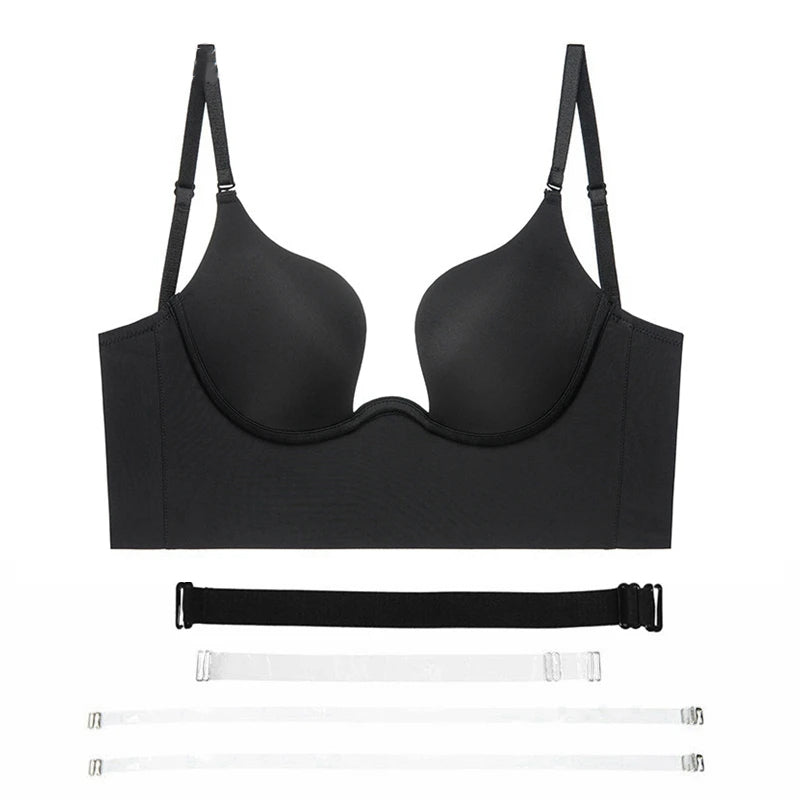 Sutiã Costas Decotadas Decote profundo Push Up levanta seios preto com alças de silicone