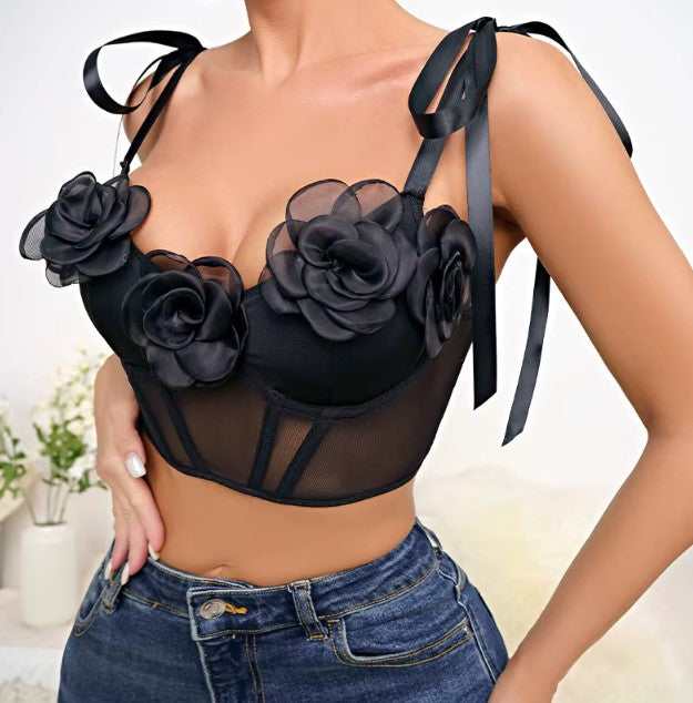 Sutiã Cropped de Tule Noite de Rosas em 3D
